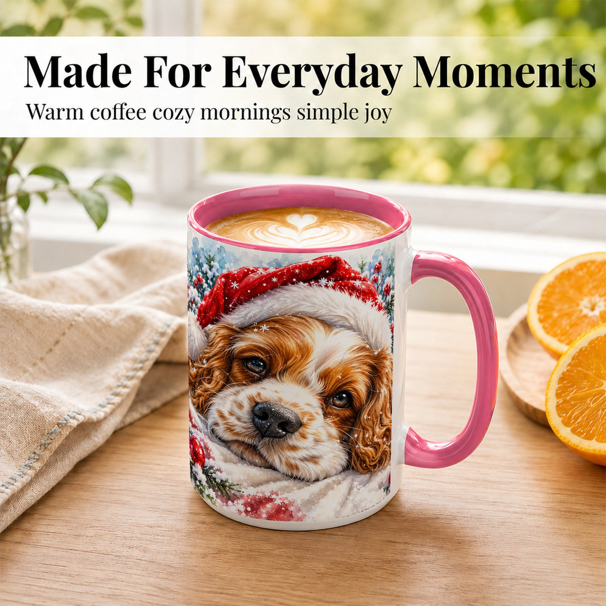#pl[15oz|Pink] Christmas Spaniel Coffee Mug, Santa Dog Mug, Ceramic Cup