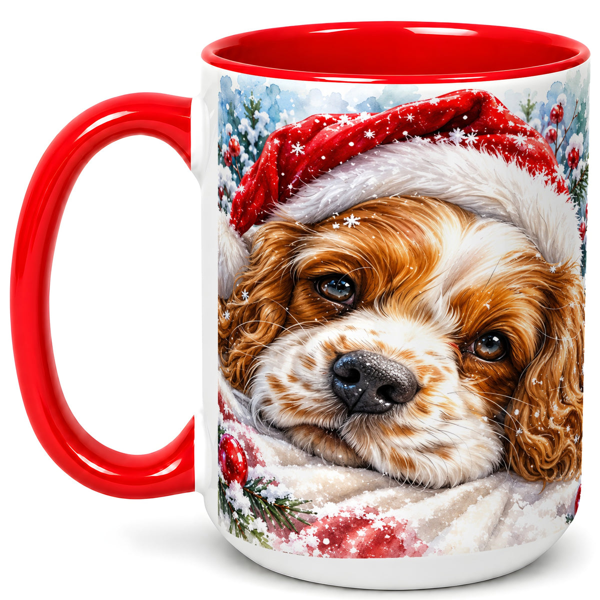 #pl[15oz|Red] Christmas Spaniel Coffee Mug, Santa Dog Mug, Ceramic Cup