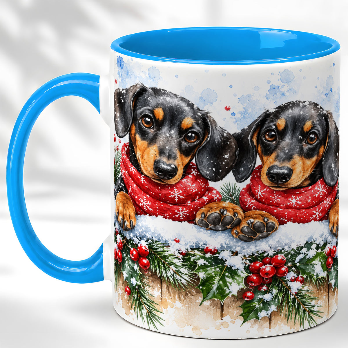 #pl[11oz|Blue] Christmas Dachshund Coffee Mug, Winter Dog Mug, Ceramic Cup