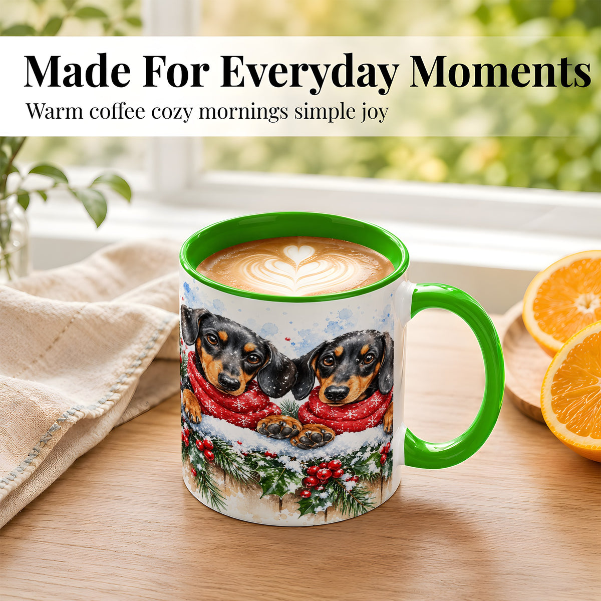 #pl[11oz|Green] Christmas Dachshund Coffee Mug, Winter Dog Mug, Ceramic Cup