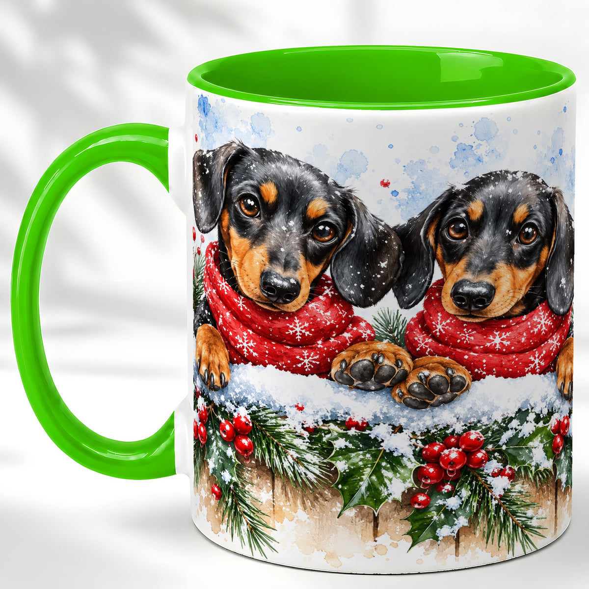 #pl[11oz|Green] Christmas Dachshund Coffee Mug, Winter Dog Mug, Ceramic Cup