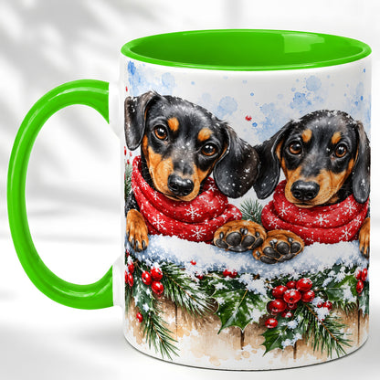 #pl[11oz|Green] Christmas Dachshund Coffee Mug, Winter Dog Mug, Ceramic Cup