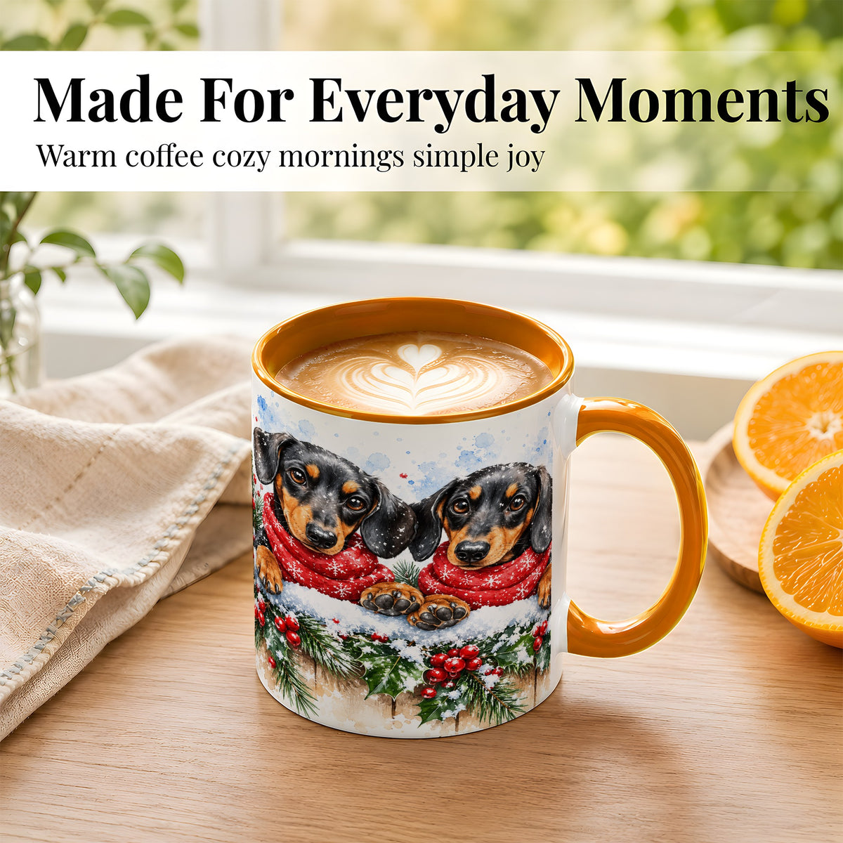 #pl[11oz|Orange] Christmas Dachshund Coffee Mug, Winter Dog Mug, Ceramic Cup