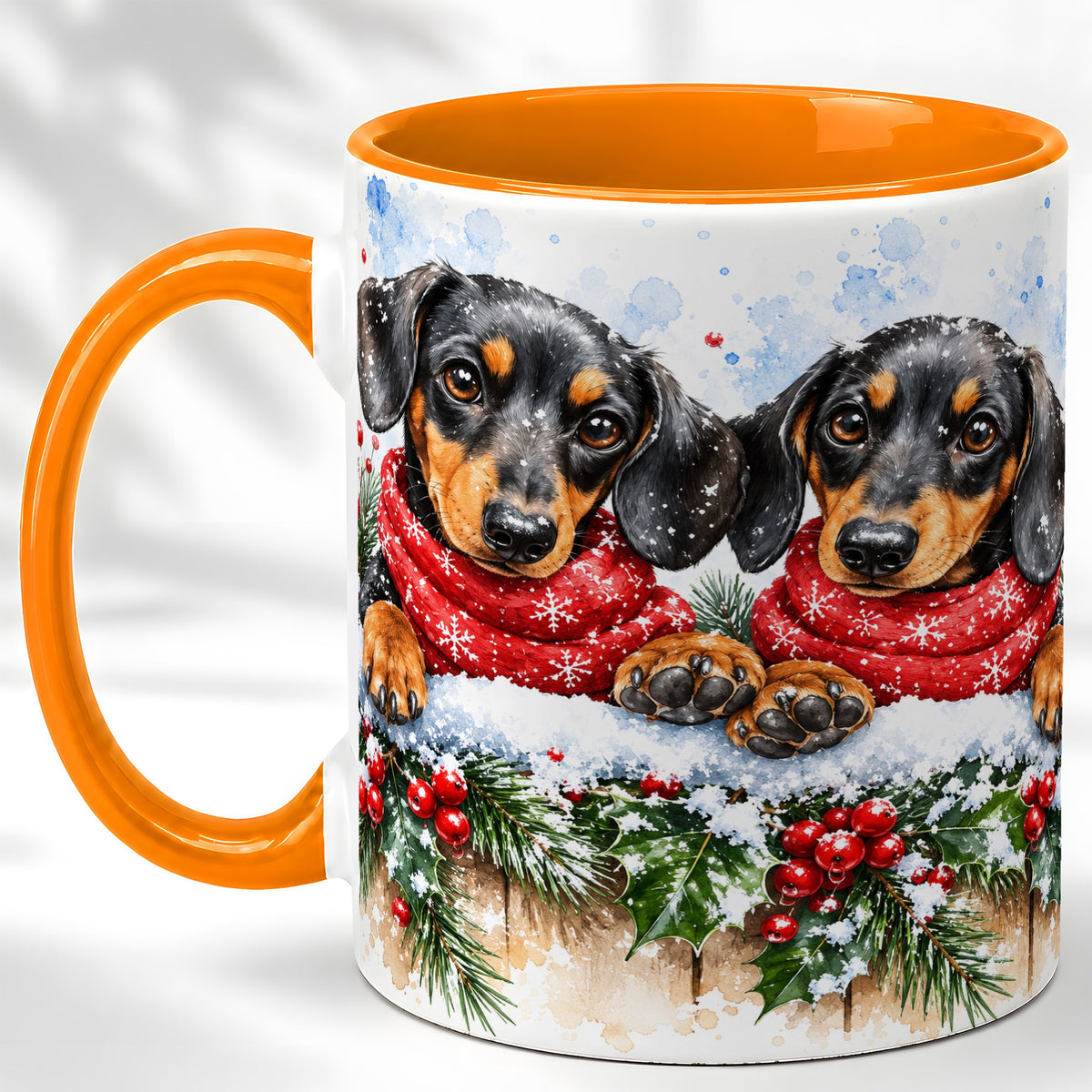 #pl[11oz|Orange] Christmas Dachshund Coffee Mug, Winter Dog Mug, Ceramic Cup