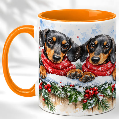 #pl[11oz|Orange] Christmas Dachshund Coffee Mug, Winter Dog Mug, Ceramic Cup