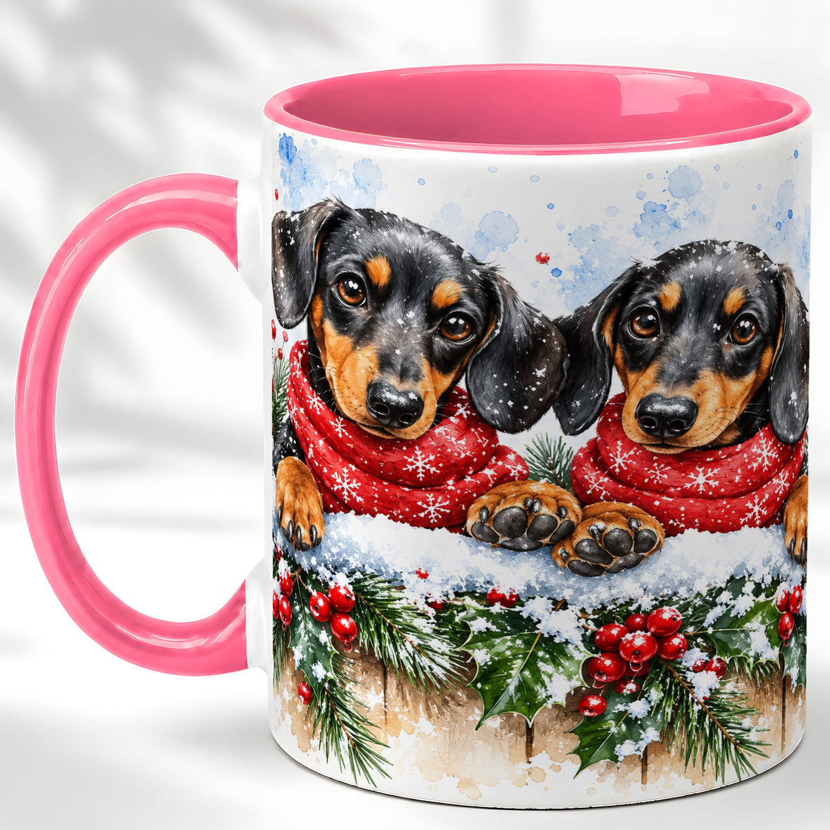 #pl[11oz|Pink] Christmas Dachshund Coffee Mug, Winter Dog Mug, Ceramic Cup