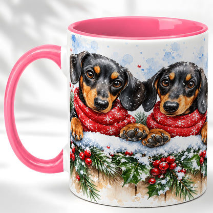 #pl[11oz|Pink] Christmas Dachshund Coffee Mug, Winter Dog Mug, Ceramic Cup