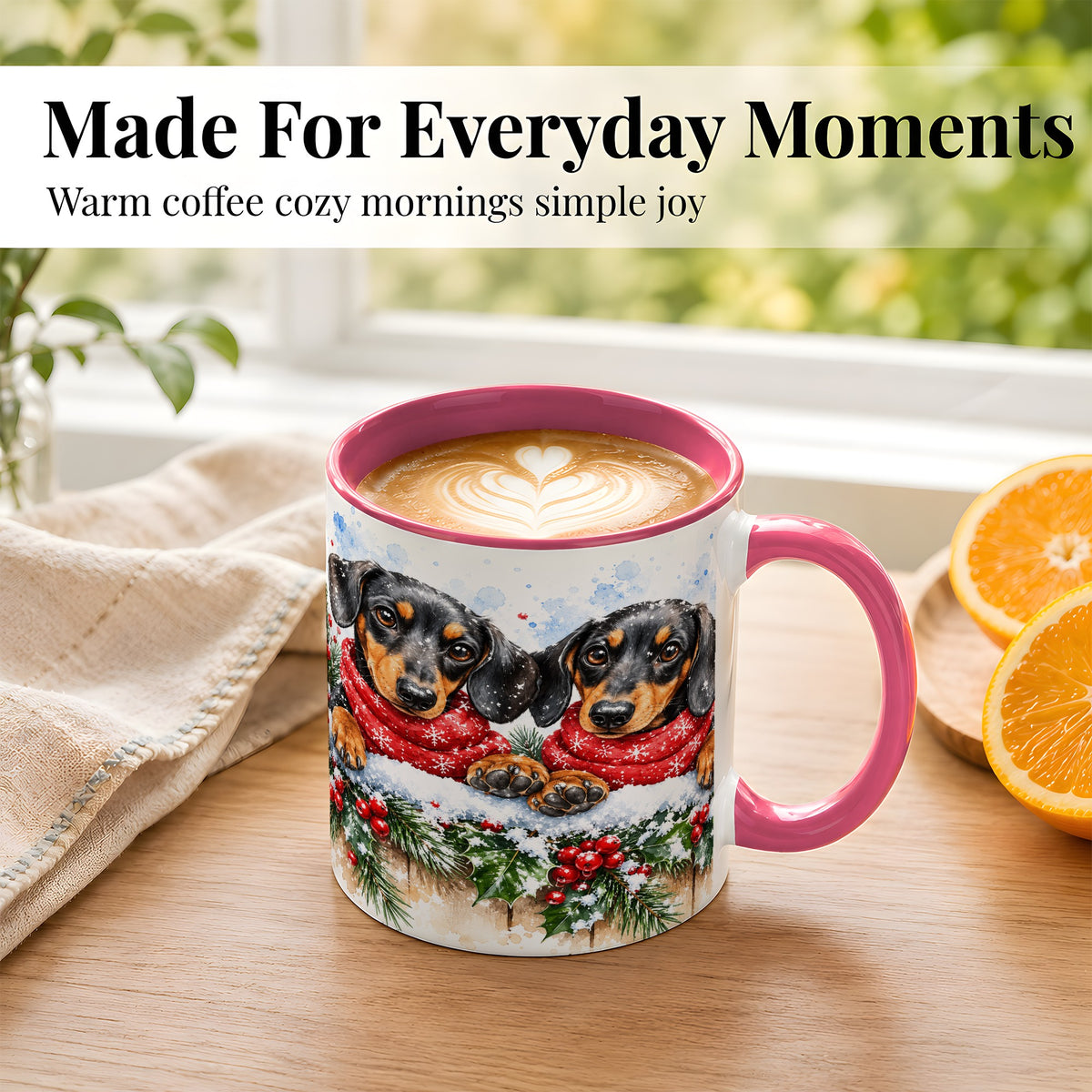 #pl[11oz|Pink] Christmas Dachshund Coffee Mug, Winter Dog Mug, Ceramic Cup