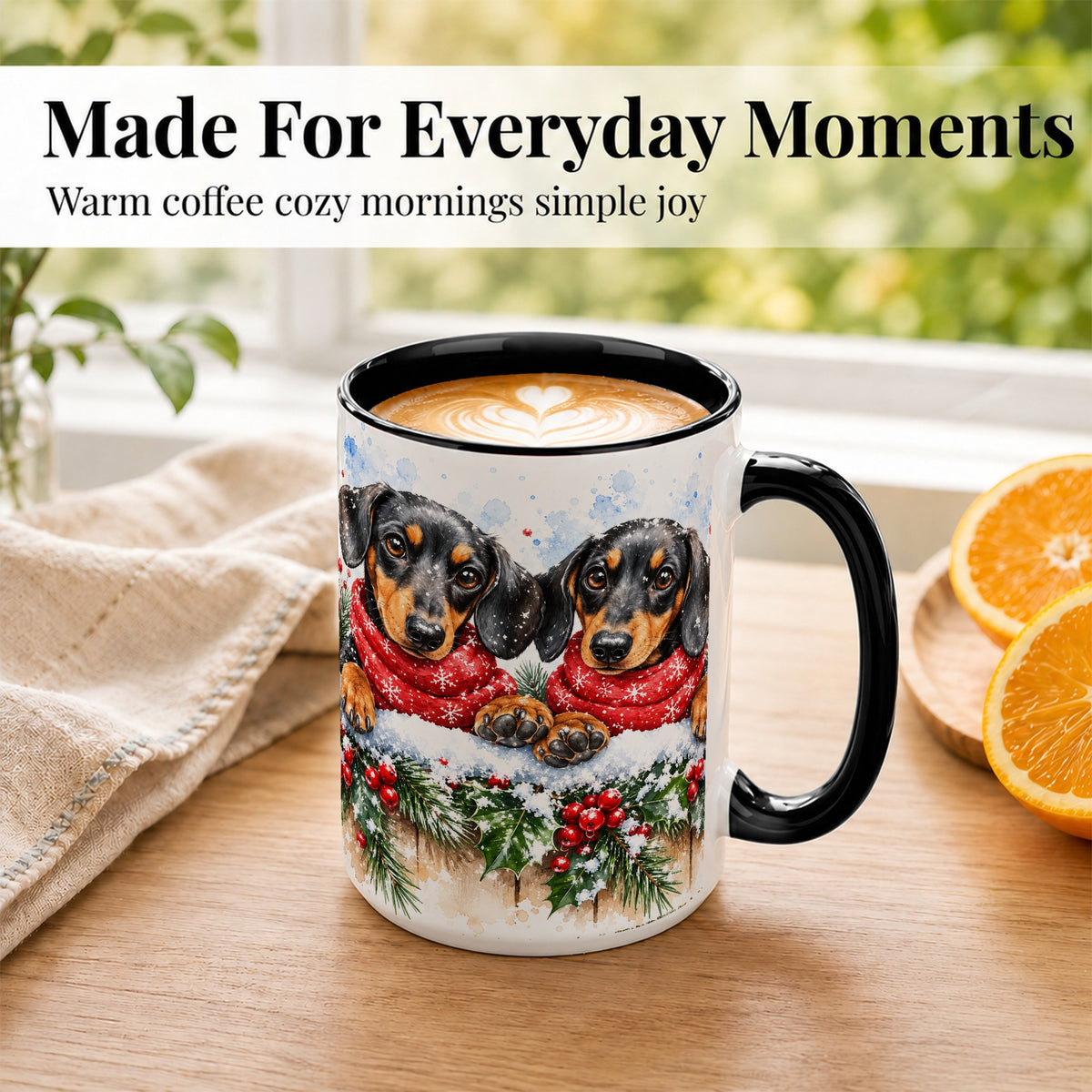 #pl[15oz|Black] Christmas Dachshund Coffee Mug, Winter Dog Mug, Ceramic Cup