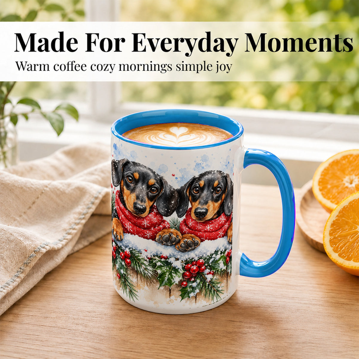 #pl[15oz|Blue] Christmas Dachshund Coffee Mug, Winter Dog Mug, Ceramic Cup