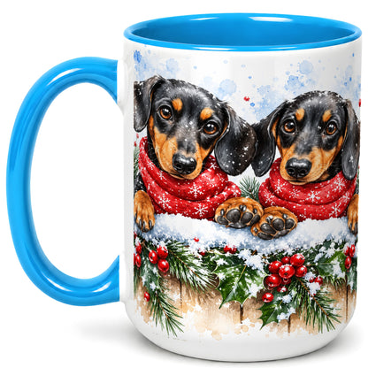 #pl[15oz|Blue] Christmas Dachshund Coffee Mug, Winter Dog Mug, Ceramic Cup
