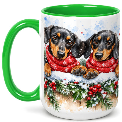 #pl[15oz|Green] Christmas Dachshund Coffee Mug, Winter Dog Mug, Ceramic Cup