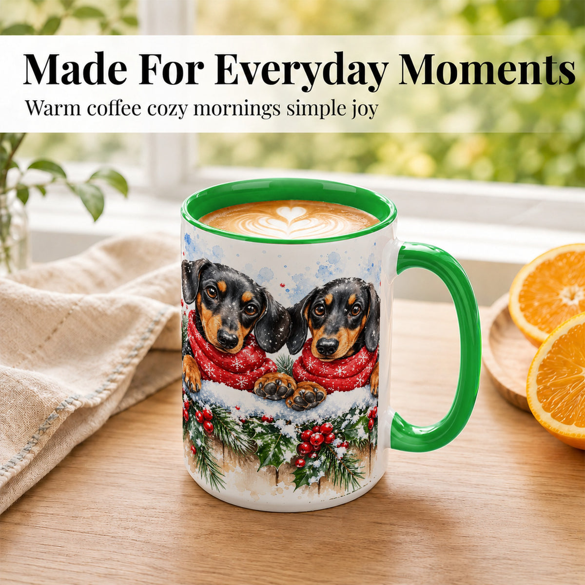 #pl[15oz|Green] Christmas Dachshund Coffee Mug, Winter Dog Mug, Ceramic Cup