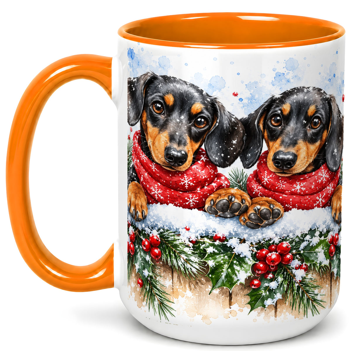 #pl[15oz|Orange] Christmas Dachshund Coffee Mug, Winter Dog Mug, Ceramic Cup