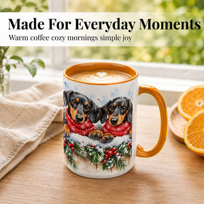 #pl[15oz|Orange] Christmas Dachshund Coffee Mug, Winter Dog Mug, Ceramic Cup