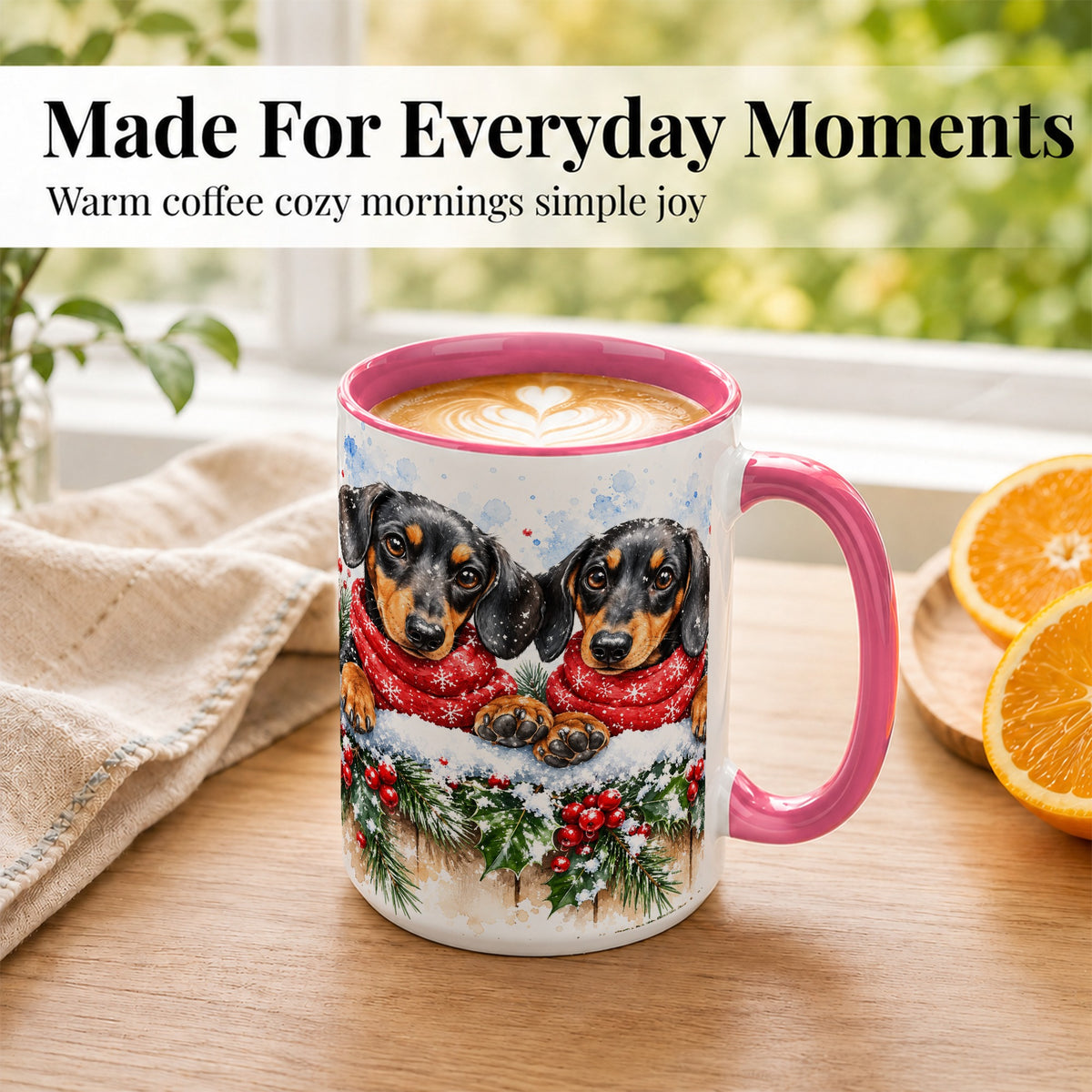 #pl[15oz|Pink] Christmas Dachshund Coffee Mug, Winter Dog Mug, Ceramic Cup