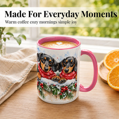 #pl[15oz|Pink] Christmas Dachshund Coffee Mug, Winter Dog Mug, Ceramic Cup