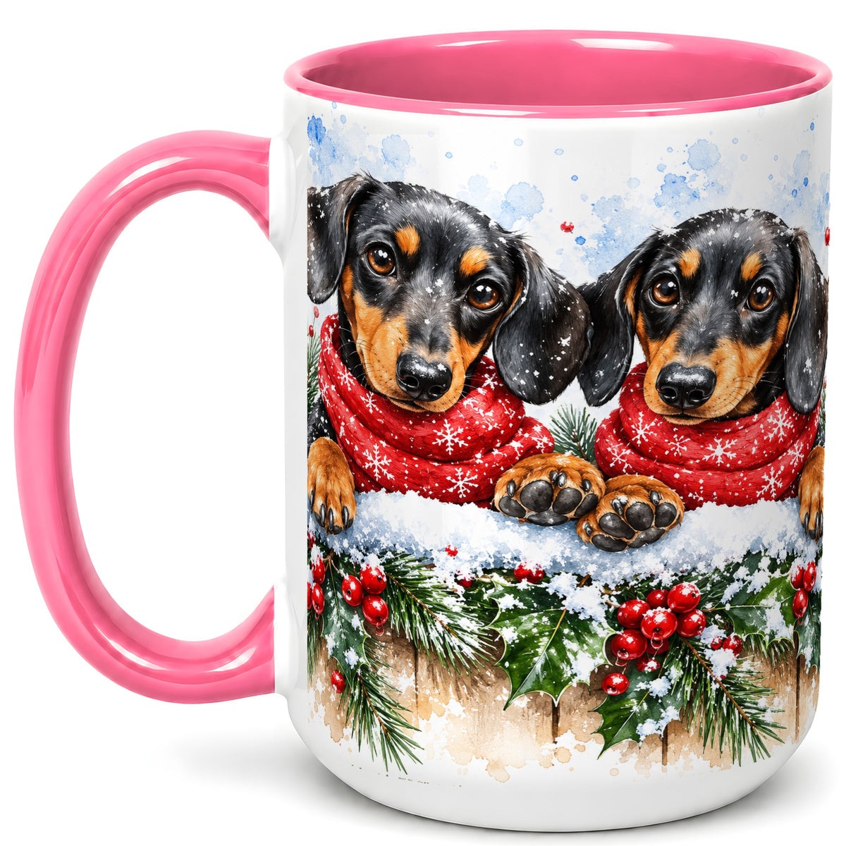 #pl[15oz|Pink] Christmas Dachshund Coffee Mug, Winter Dog Mug, Ceramic Cup
