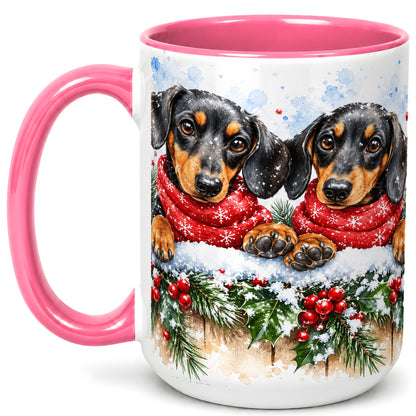 #pl[15oz|Pink] Christmas Dachshund Coffee Mug, Winter Dog Mug, Ceramic Cup