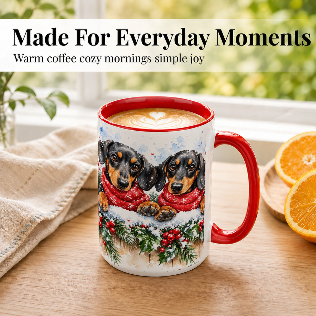 #pl[15oz|Red] Christmas Dachshund Coffee Mug, Winter Dog Mug, Ceramic Cup