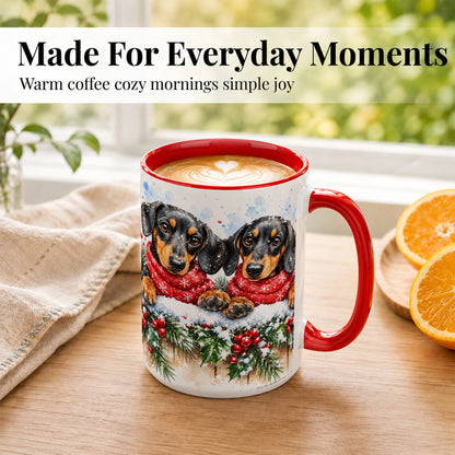 #pl[15oz|Red] Christmas Dachshund Coffee Mug, Winter Dog Mug, Ceramic Cup