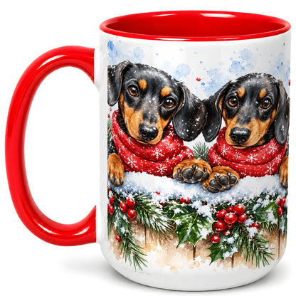 #pl[15oz|Red] Christmas Dachshund Coffee Mug, Winter Dog Mug, Ceramic Cup