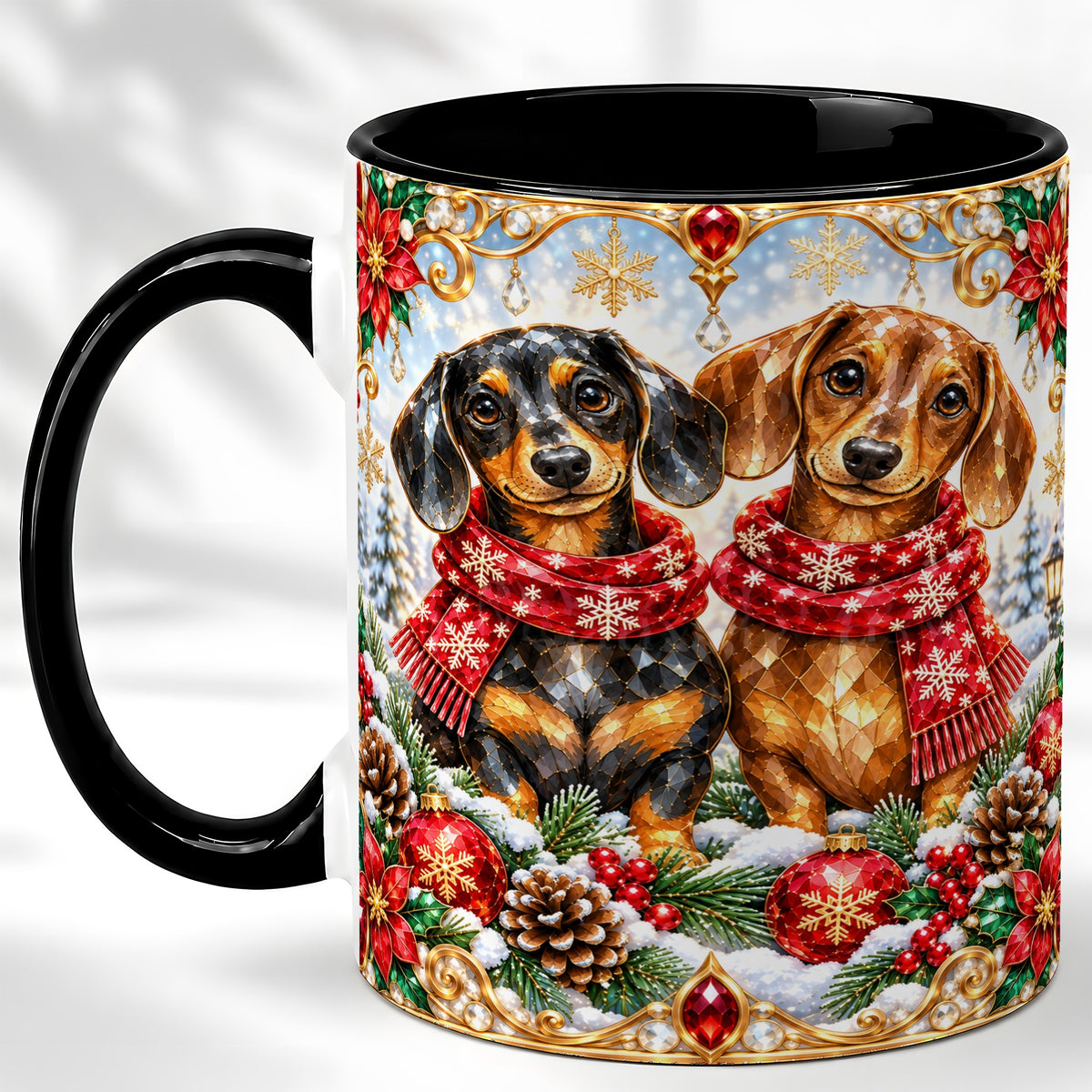 #pl[11oz|Black] Christmas Dachshund Coffee Mug, Jeweled Dog Mug, Ceramic Cup