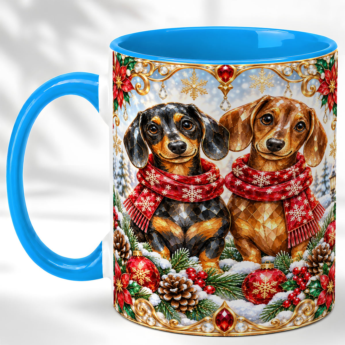 #pl[11oz|Blue] Christmas Dachshund Coffee Mug, Jeweled Dog Mug, Ceramic Cup