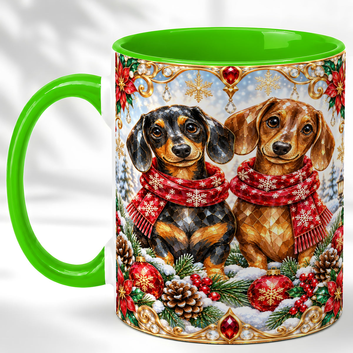 #pl[11oz|Green] Christmas Dachshund Coffee Mug, Jeweled Dog Mug, Ceramic Cup