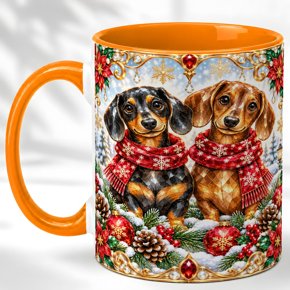 #pl[11oz|Orange] Christmas Dachshund Coffee Mug, Jeweled Dog Mug, Ceramic Cup