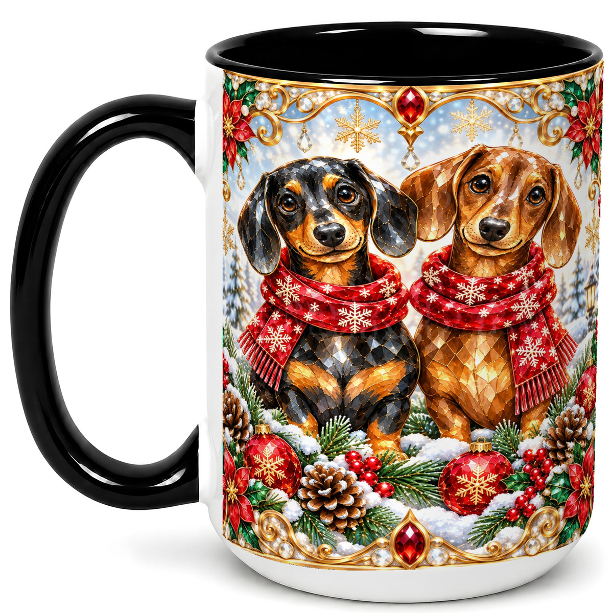 #pl[15oz|Black] Christmas Dachshund Coffee Mug, Jeweled Dog Mug, Ceramic Cup