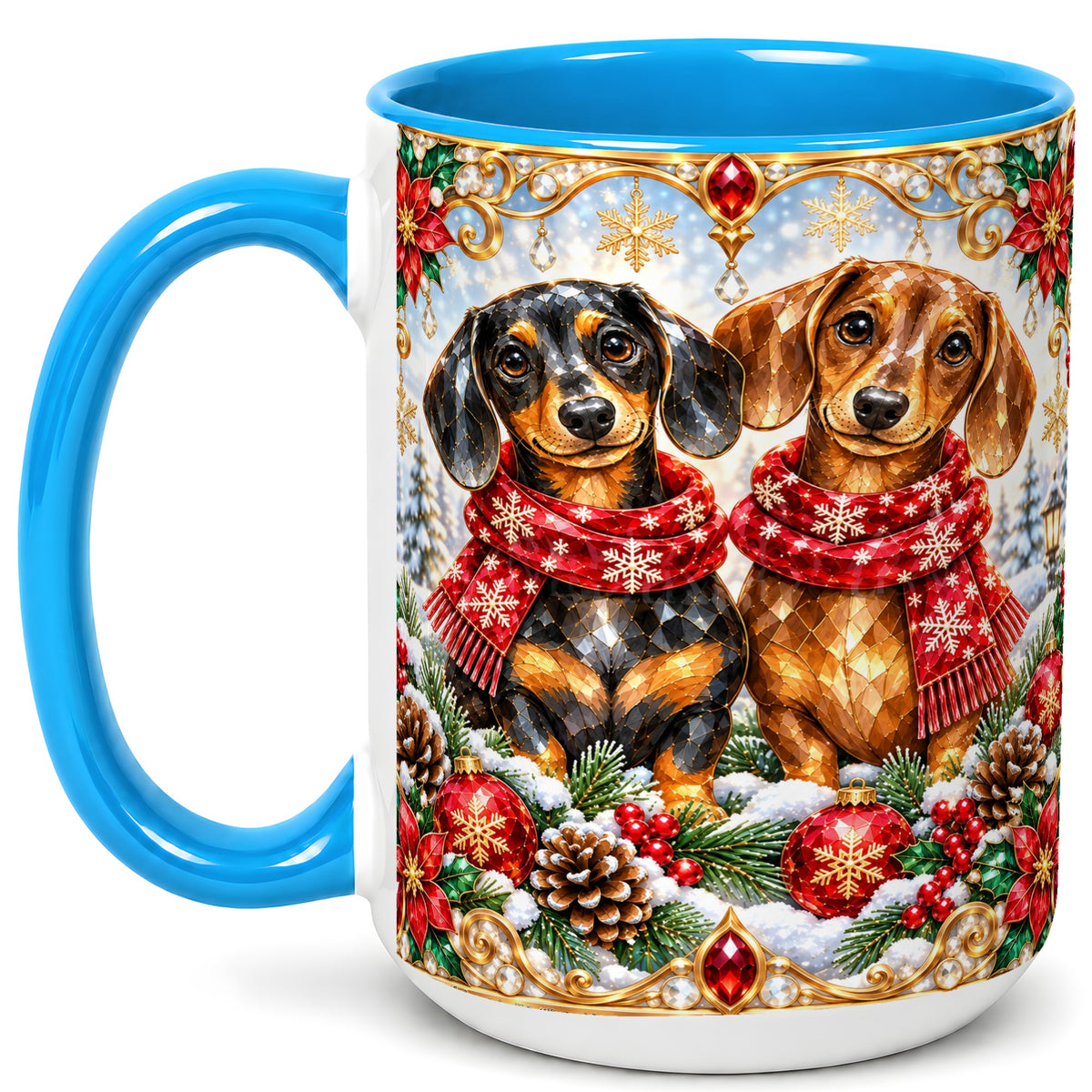 #pl[15oz|Blue] Christmas Dachshund Coffee Mug, Jeweled Dog Mug, Ceramic Cup