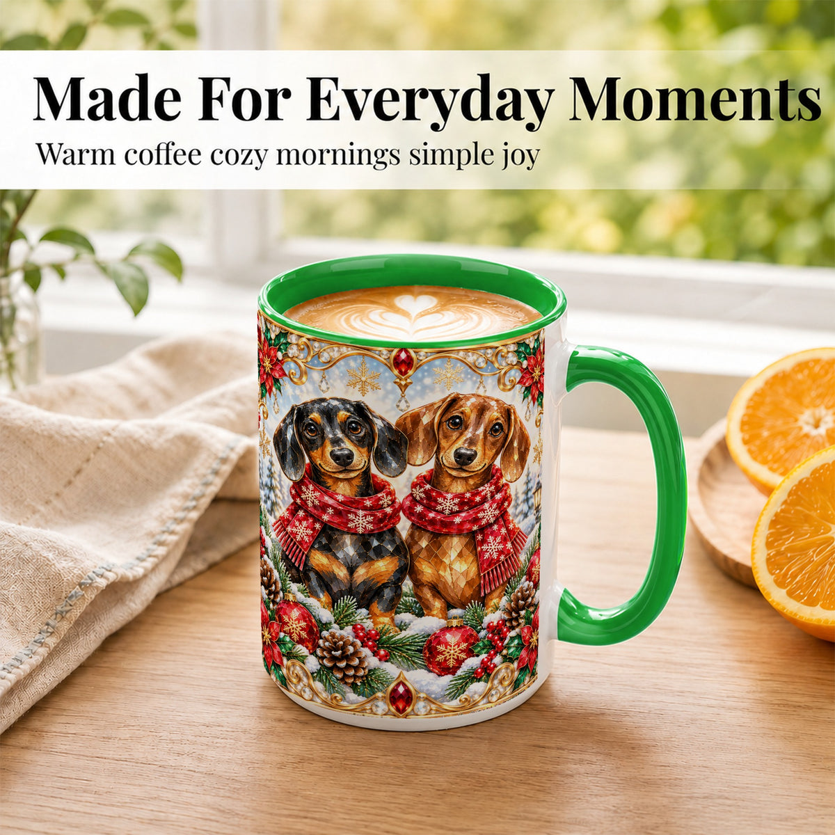 #pl[15oz|Green] Christmas Dachshund Coffee Mug, Jeweled Dog Mug, Ceramic Cup