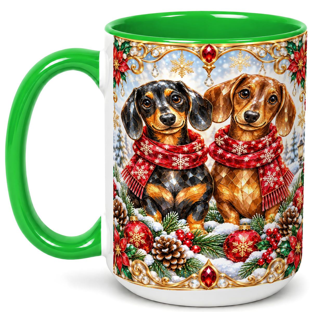 #pl[15oz|Green] Christmas Dachshund Coffee Mug, Jeweled Dog Mug, Ceramic Cup