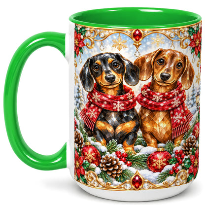 #pl[15oz|Green] Christmas Dachshund Coffee Mug, Jeweled Dog Mug, Ceramic Cup