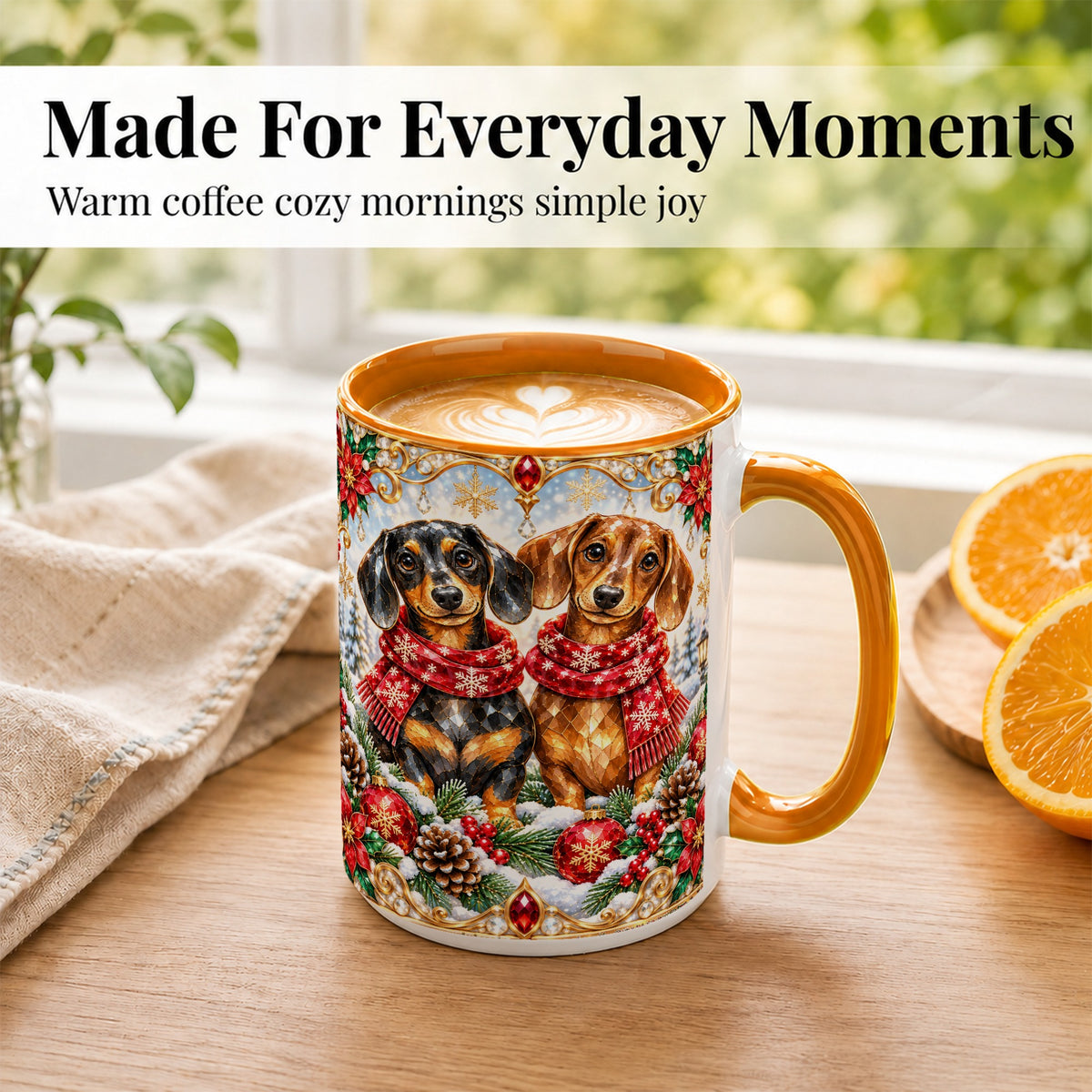 #pl[15oz|Orange] Christmas Dachshund Coffee Mug, Jeweled Dog Mug, Ceramic Cup