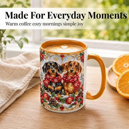 #pl[15oz|Orange] Christmas Dachshund Coffee Mug, Jeweled Dog Mug, Ceramic Cup