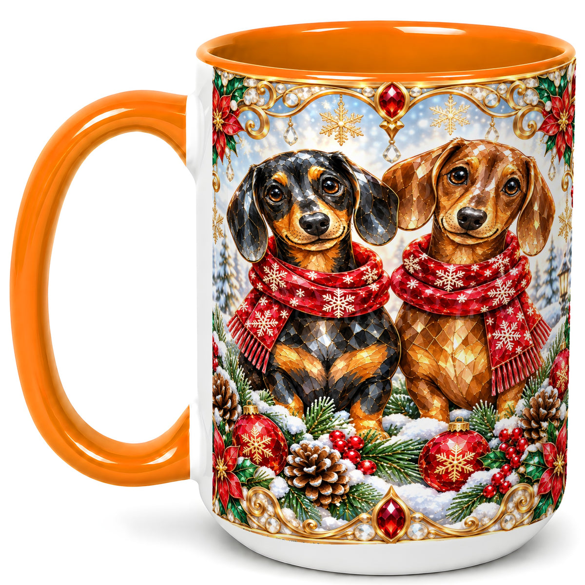 #pl[15oz|Orange] Christmas Dachshund Coffee Mug, Jeweled Dog Mug, Ceramic Cup