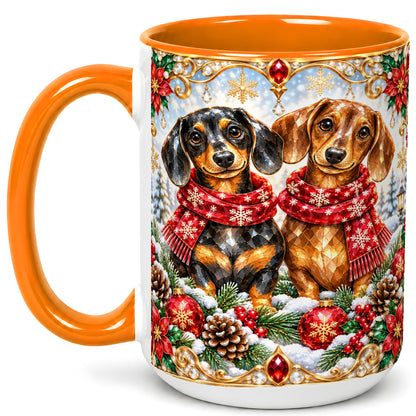 #pl[15oz|Orange] Christmas Dachshund Coffee Mug, Jeweled Dog Mug, Ceramic Cup