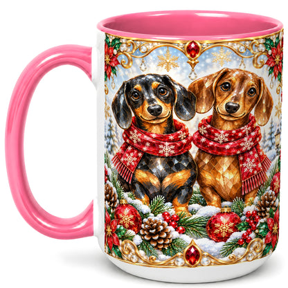 #pl[15oz|Pink] Christmas Dachshund Coffee Mug, Jeweled Dog Mug, Ceramic Cup