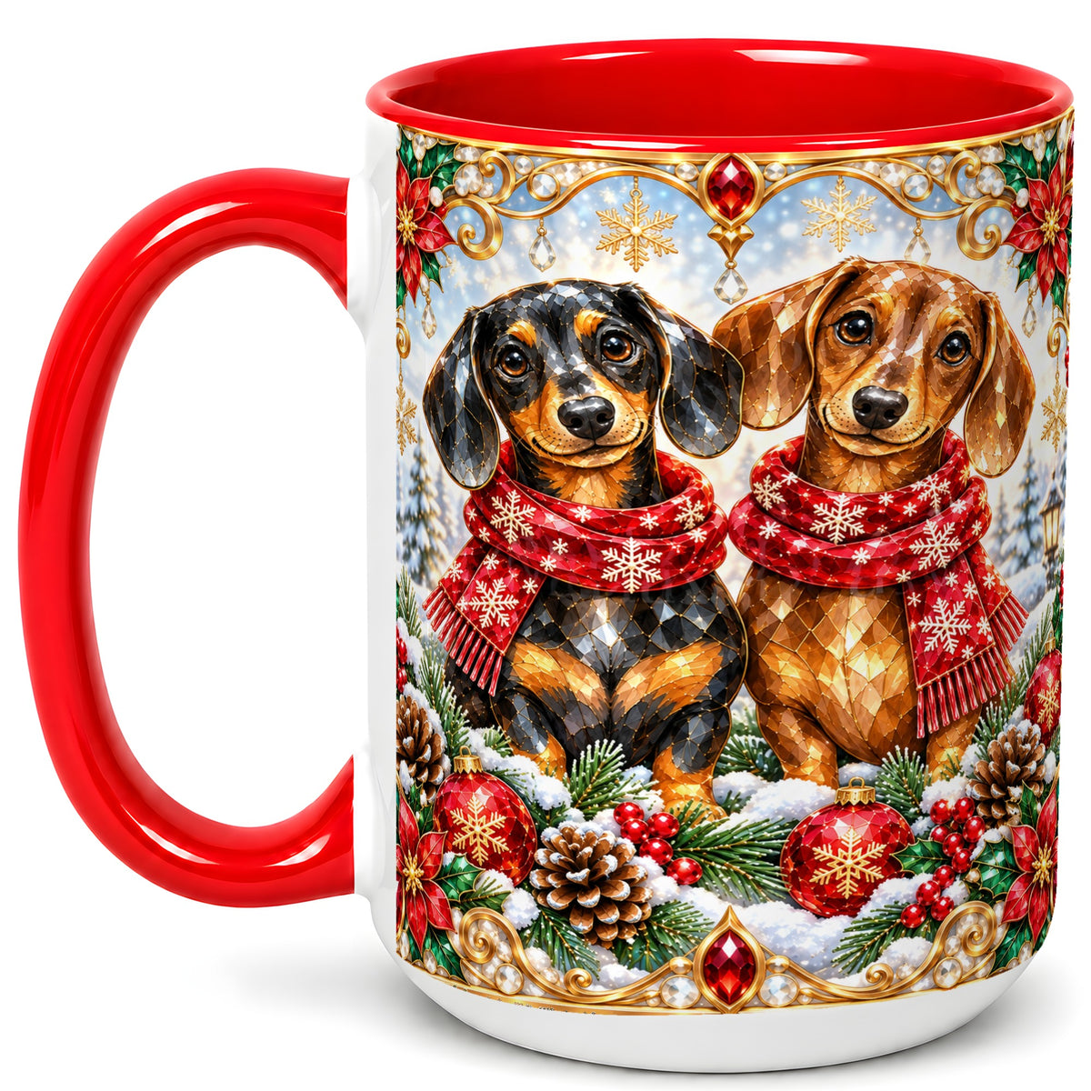 #pl[15oz|Red] Christmas Dachshund Coffee Mug, Jeweled Dog Mug, Ceramic Cup