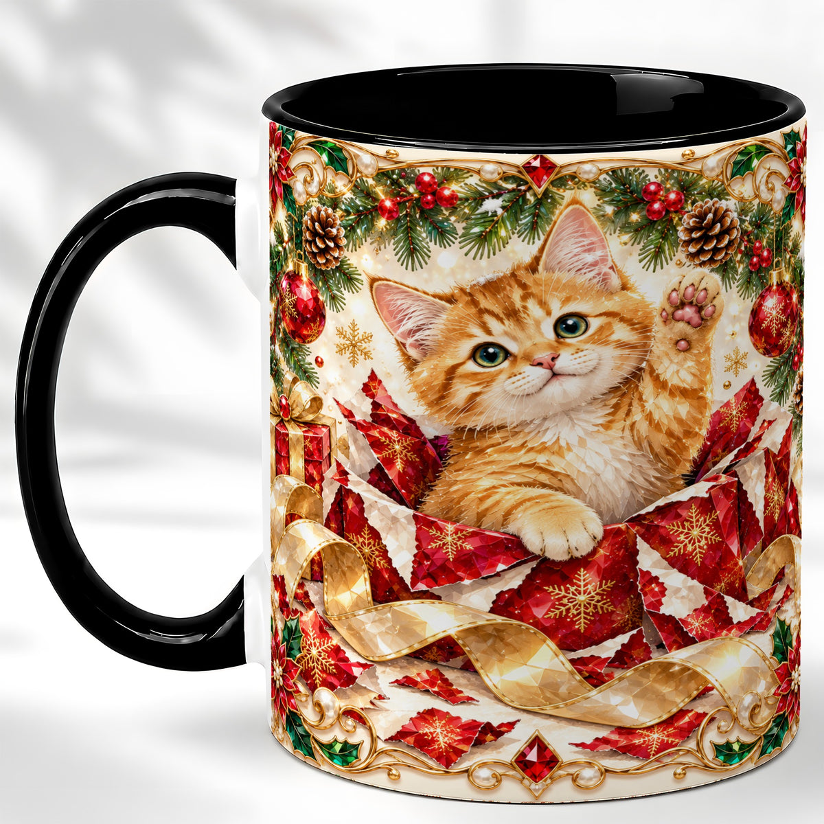 #pl[11oz|Black] Christmas Kitten Coffee Mug, Wrapped Cat Mug, Ceramic Cup