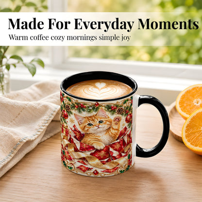 #pl[11oz|Black] Christmas Kitten Coffee Mug, Wrapped Cat Mug, Ceramic Cup