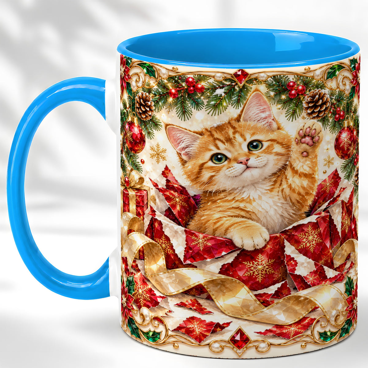#pl[11oz|Blue] Christmas Kitten Coffee Mug, Wrapped Cat Mug, Ceramic Cup