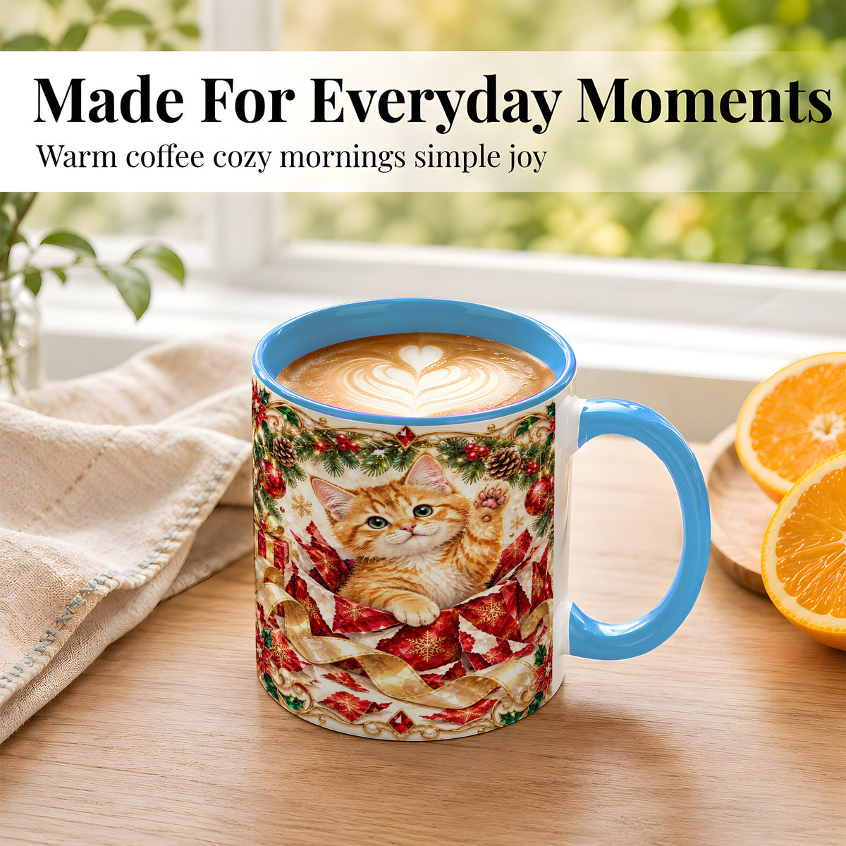 #pl[11oz|Blue] Christmas Kitten Coffee Mug, Wrapped Cat Mug, Ceramic Cup