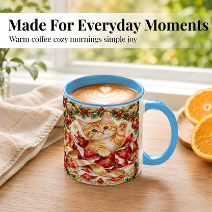 #pl[11oz|Blue] Christmas Kitten Coffee Mug, Wrapped Cat Mug, Ceramic Cup