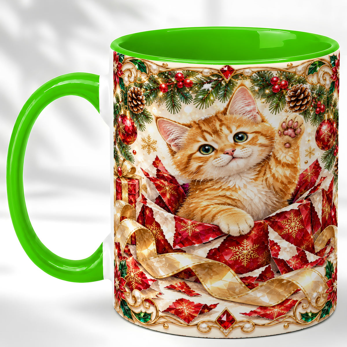 #pl[11oz|Green] Christmas Kitten Coffee Mug, Wrapped Cat Mug, Ceramic Cup