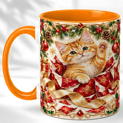 #pl[11oz|Orange] Christmas Kitten Coffee Mug, Wrapped Cat Mug, Ceramic Cup