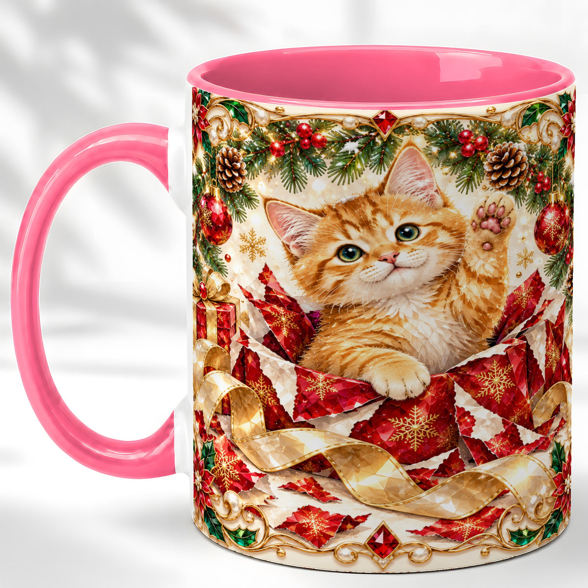 #pl[11oz|Pink] Christmas Kitten Coffee Mug, Wrapped Cat Mug, Ceramic Cup