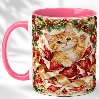 #pl[11oz|Pink] Christmas Kitten Coffee Mug, Wrapped Cat Mug, Ceramic Cup